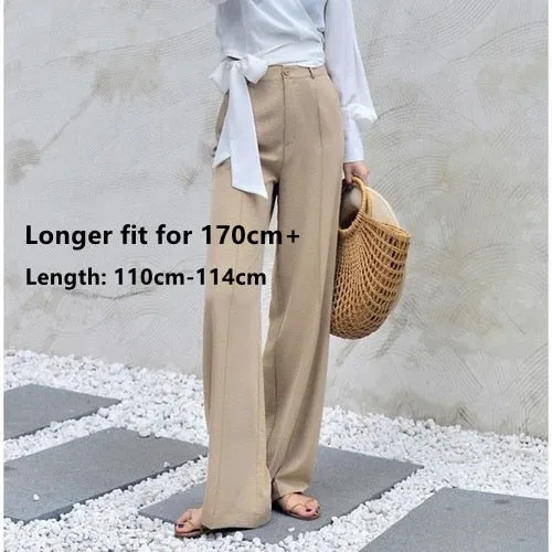 170-175cm Spring Autumn Wide Leg Pants Women Elastic Waist Pants Elegant Office Ladies Khaki Trousers Plus Length Purple Gray