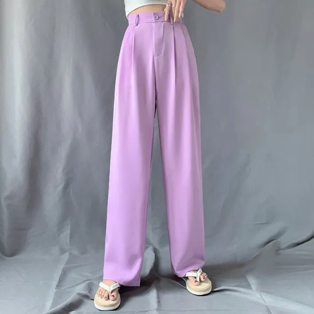 170-175cm Spring Autumn Wide Leg Pants Women Elastic Waist Pants Elegant Office Ladies Khaki Trousers Plus Length Purple Gray