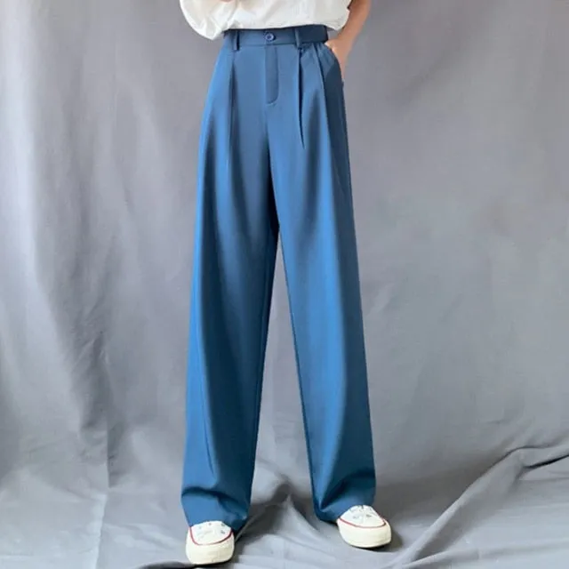 170-175cm Spring Autumn Wide Leg Pants Women Elastic Waist Pants Elegant Office Ladies Khaki Trousers Plus Length Purple Gray