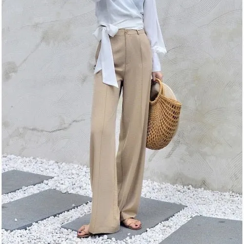 170-175cm Spring Autumn Wide Leg Pants Women Elastic Waist Pants Elegant Office Ladies Khaki Trousers Plus Length Purple Gray