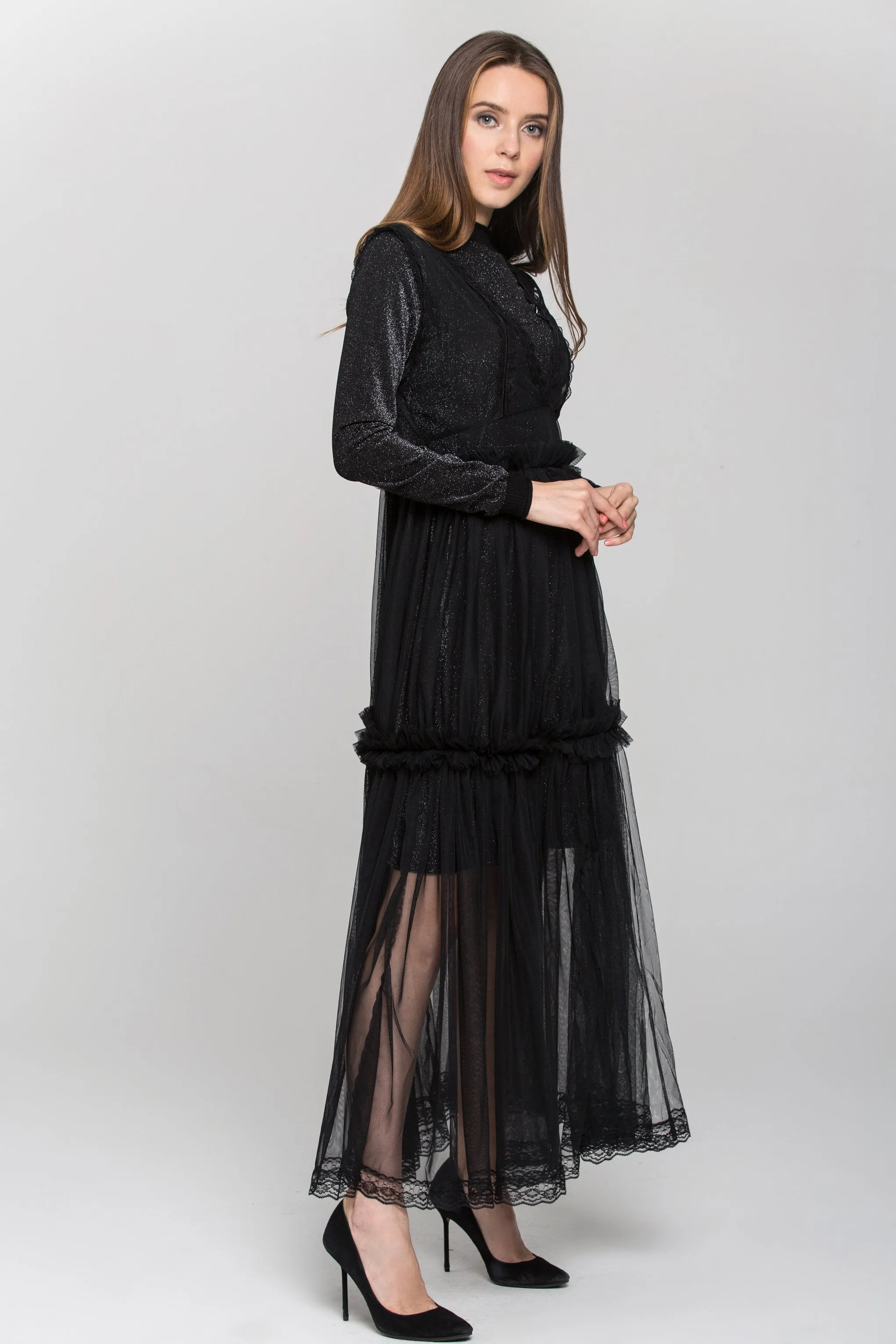 Black Glitter Lace Tiered Soft Tulle Midi Dress