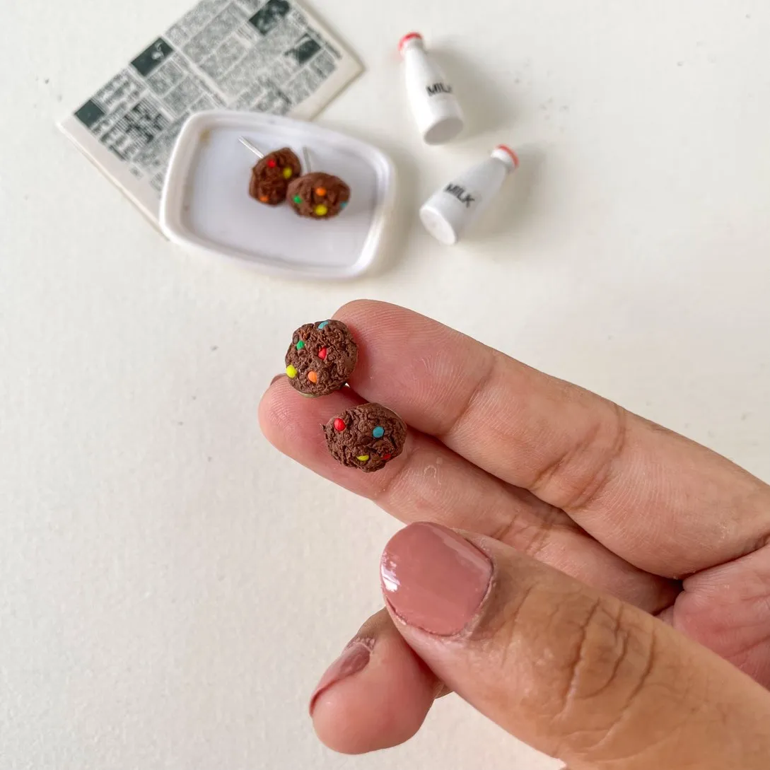 Chocolate Cookie with Gems Miniature Food Ear Studs