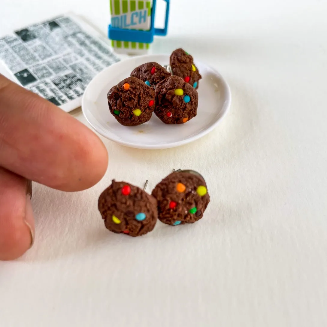 Chocolate Cookie with Gems Miniature Food Ear Studs